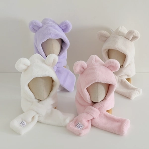 Kids Winter Integrated Hooded Scarf Hat Plush Faux Fur Bear Ears Windproof Warm Outdoor Thermal Cute Toddler Children