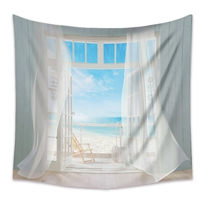 Detailed view of bohemian beach scenery tapestry with soft fabric texture and ocean view