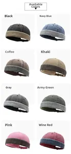 Collage of multi-color docker caps in washed cotton with retro rolled edge detail