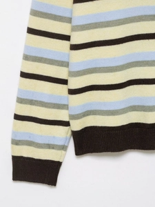 Detail shot of striped knit cardigan fabric with pastel colors and ribbed brown hem