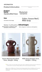 Size chart showing dimensions for irregular ceramic vases in reddish brown and milk grey