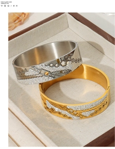 Detailed macro view of gold and silver plated cutout flower bangles with micro-pave diamonds
