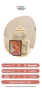 Detailed size specifications of cream nylon backpack with reference tablet and coin purse