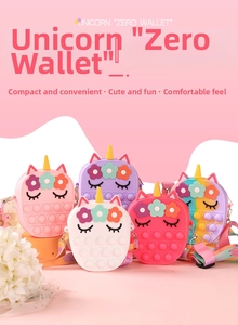 Colorful unicorn pop-it silicone coin purses with adjustable shoulder straps for kids