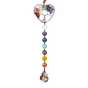 Detailed view of handmade heart Tree of Life car charm with 7 chakra stones and tassel