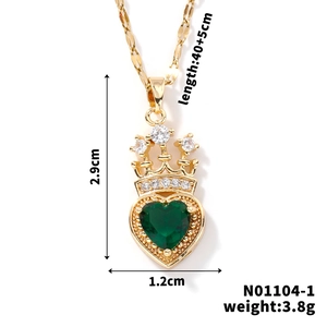 Detailed view of green heart necklace with crown bail and precise sizing metrics
