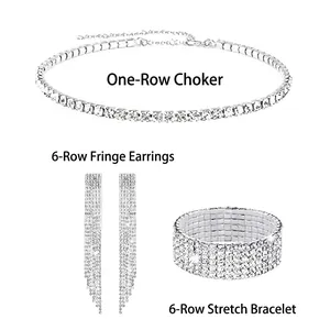 Detailed set of crystal single-row choker, 6-row tassel earrings, and elastic bracelet