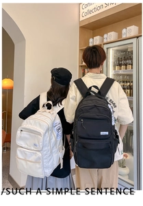 Dual view of large capacity school backpacks in beige and black worn by students