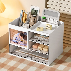 Stackable white desk organizer with clear drawers and photo frame for office stationery