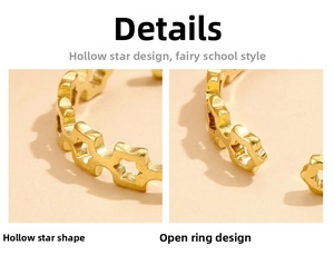 Detailed close-up showing the hollow star pattern and adjustable open band on the gold ring