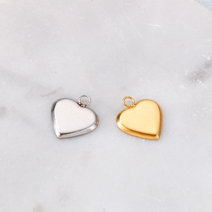 Polished stainless steel heart-shaped charm pendants in gold and silver finishes