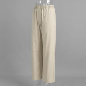Detail of elastic waist design on light beige wide leg straight cut casual trousers