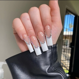 French white long coffin press-on nails with luxury V-shaped crystal rhinestone accents