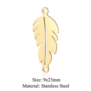 Golden stainless steel feather connector charm with dual rings for DIY jewelry 9x23mm