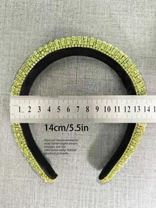 Detail view of the 14cm width measurement for the green rhinestone velvet headband