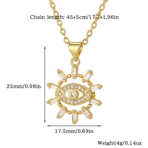 Detailed size chart for golden evil eye necklace with baguette zircon cross pendant