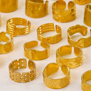 Polished gold plated stainless steel wide geometric rings with adjustable open band design