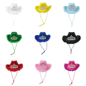 Western Cowboy Hat Felt With Silver Tiara Crown Colorful Rhinestone Feather Trim Adjustable Rope For Party Cosplay Women Girls