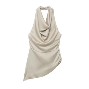 Top Dos Nu En Satin Pour Femmes Col Bénitier Ourlet Asymétrique Sans Manches Champagne Élégant Blouse