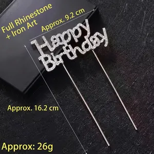 Silver rhinestone Happy Birthday cake topper with sparkling iron frame decoration