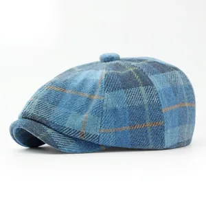 Classic blue plaid octagonal newsboy hat in wool blend fabric with retro british style