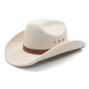 Cappello da cowboy western color crema a tesa larga con fascia goffrata marrone e occhielli
