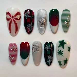 Christmas Press On Nails Red Green Plaid Snowflake Rhinestone Bow Cat Eye Glossy Almond False Nails For Women