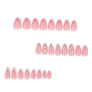 Classic white French short almond press-on nails with silver glitter wavy stripes