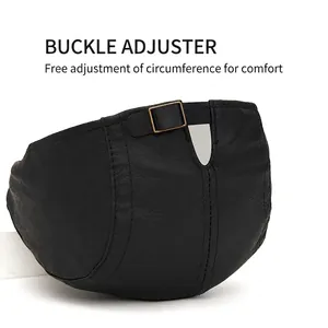 Béret en cuir noir pour homme et femme avec boucle de réglage en métal bronze au dos