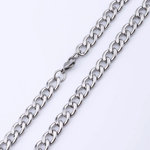 Classic silver stainless steel Cuban link necklace with spring clasp on white background