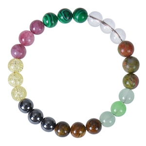Multi-gemstone 8mm beaded bracelet featuring tiger eye, malachite, and aventurine crystals
