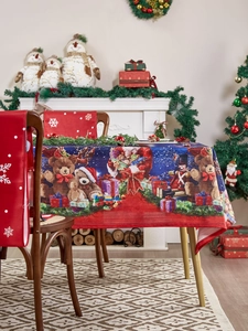 Detailed Christmas tablecloth with nutcracker and teddy bear prints for festive decor