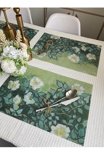 Detailed texture of PVC dining mat with oil painting floral pattern and heat resistance