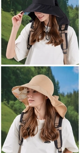 Detail of wide brim sun hat with neck flap and tropical leaf print lining for hiking
