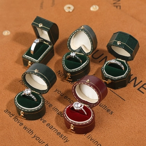 Vintage multi-shape mini jewelry boxes in dark green and burgundy with velvet lining