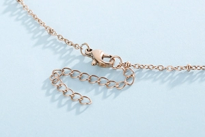 Detailed macro view of the rose gold stainless steel lobster clasp and extender chain