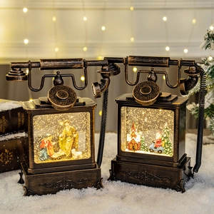 Vintage bronze Christmas telephone snow globe lanterns with Nativity and Santa scenes