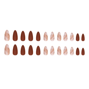 Brown matte and marble almond false nails set with gold sand glitter, 24 piece set