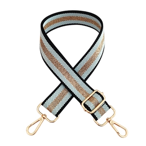 Adjustable woven striped bag strap with gold lobster clasps and light blue details