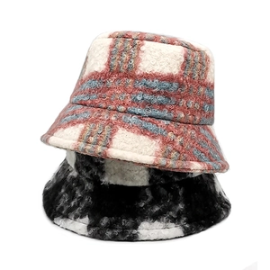 Thick warm plush bucket hats with red plaid and black polka dots for winter style