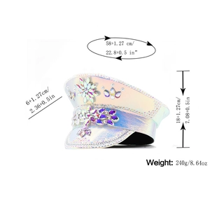 Cappello punk in pelle laser cangiante con strass scintillanti e gemme di cristallo