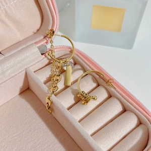 Elegant gold asymmetric fringe tassel earrings on a pink velvet jewelry display box