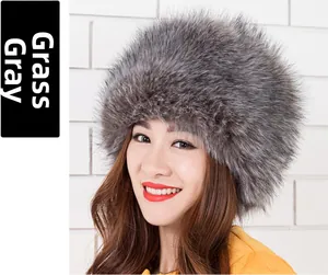 Detailed view of the grass grey faux fox fur texture on this warm winter Russian style hat