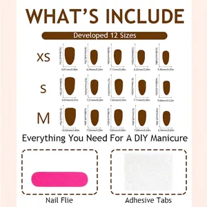 Sizing chart for almond press-on nails in XS, S, and M sizes with tools