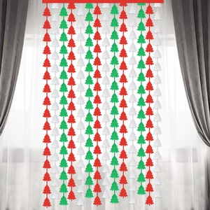 Detail of 2M Christmas tree shaped fringe curtain in red and green for party backdrop