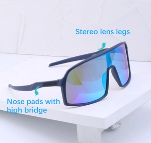 Detail of blue frame cycling sunglasses with ergonomic nose pads and stereo lens legs