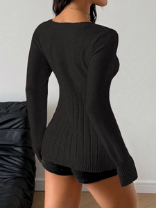 Detail of slim fit black square neck knit sweater with cable pattern from a back view