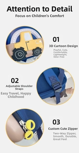 Detail of 3D construction car pattern, breathable mesh straps and dual ring zippers