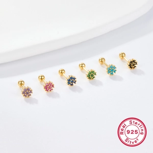 Macro shot of colorful zircon flower earrings in 925 sterling silver with screw ball backs
