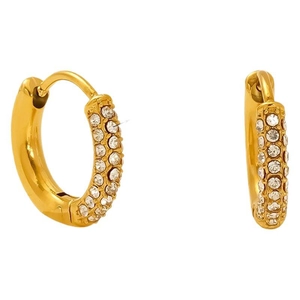 Elegant 18K gold-plated titanium steel huggie earrings with pave-set crystals on white background